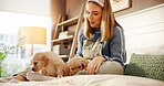 Love, woman and relax with puppies on bed for pet insurance, bonding together and relationship. Dog mom, owner and happy with labrador animals in home for companion, furry best friends and connection