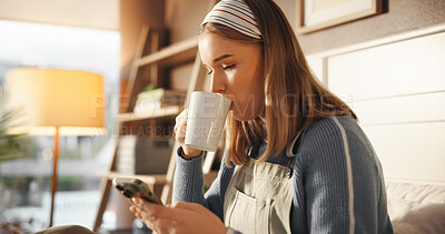 Buy stock photo Coffee, cellphone and woman on bed with networking, connectivity or social media with mobile app. Drink, relax and female person with cappuccino and phone for communication in bedroom at apartment.