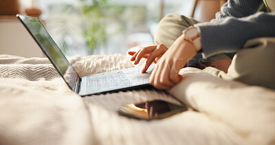 Buy stock photo Laptop, hands and woman on bed with relax for freelancer career with creative project online. Technology, contact and person with computer for email communication with remote work in bedroom in home.