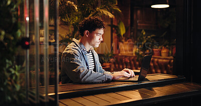 Buy stock photo Night, creative and man with laptop, cafe and freelance project on website, app and email marketing. Working late, copywriter and person with tech for article, remote work and research in coffee shop