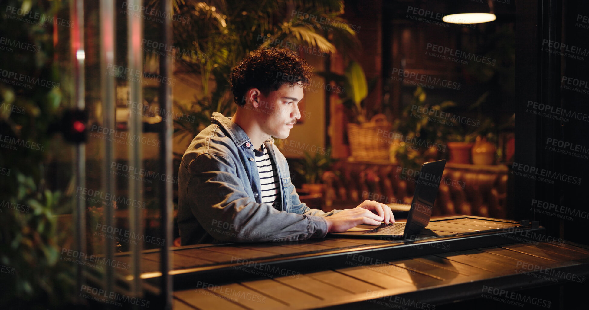 Buy stock photo Night, creative and man with laptop, cafe and freelance project on website, app and email marketing. Working late, copywriter and person with tech for article, remote work and research in coffee shop