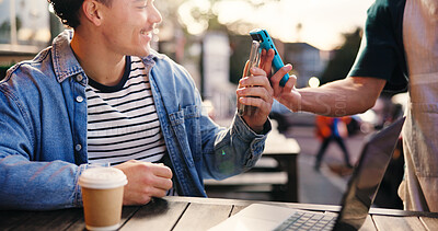 Buy stock photo Pos machine, waiter and man with smartphone, ecommerce and payment with wireless transaction. Cafe, customer and employee with online service, cellphone and fintech with purchase and digital scanner