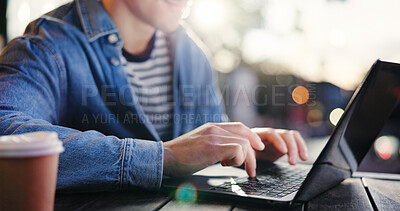 Buy stock photo Hands, laptop and typing with customer at coffee shop for remote work or small business research. Computer, keyboard and planning with person at outdoor cafe or restaurant as freelance employee