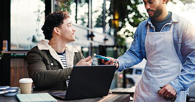 Buy stock photo Pos machine, employee and man with smartphone, ecommerce and purchase with wireless transaction. Cafe, customer and waiter with online service, cellphone and fintech with payment and digital app