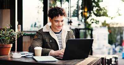 Buy stock photo Creative, remote work and man with laptop, cafe and email marketing on website, research and online. Freelance, copywriter and person with tech for article, coffee shop and typing project on app