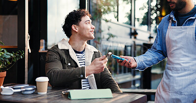 Buy stock photo Pos machine, waiter and man with smartphone, payment and online service with wireless transaction. Cafe, customer and employee with digital scanner, cellphone and fintech with purchase and ecommerce