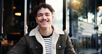 Buy stock photo Portrait, happy freelancer and man at coffee shop as customer or creative copywriter with confidence. Smile, remote work and person at cafe with content writer, professional and startup in Portugal