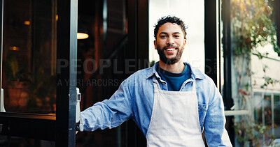 Buy stock photo Smile, man and portrait of waiter at coffee shop entrance for welcome, customer service or job. Happy, confident and male server with confidence for hospitality industry at doorway of restaurant.