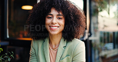 Buy stock photo Portrait, cafe and happy business woman at startup with confidence, smile and pride for journalism. African person, professional and worker at coffee shop for remote work, freelancer and reporter