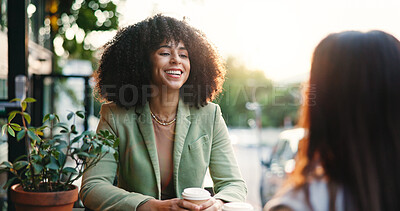 Buy stock photo Cafe, hangout and women with smile, friends and conversation with coffee, laugh or bonding on break. Talking, people and happy with tea, outdoor and listening to funny joke and gossip with beverage