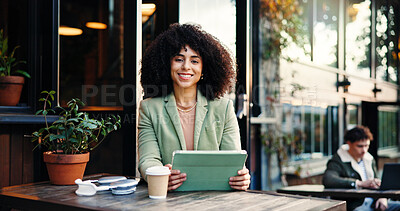 Buy stock photo Portrait, remote work and tablet with woman in coffee shop for small business planning or research. App, freelance and smile with African employee in cafe or restaurant as customer and entrepreneur