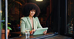 Remote work, smile and tablet with woman in coffee shop for small business planning or research. App, freelance and reading with African employee in cafe or restaurant as customer and entrepreneur