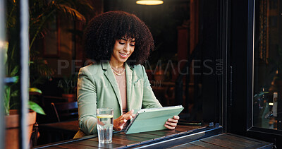 Buy stock photo Remote work, smile and tablet with woman in coffee shop for small business planning or research. App, freelance and reading with African employee in cafe or restaurant as customer and entrepreneur