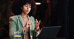 Laptop, remote work and video call with woman in coffee shop for online presentation or planning. Computer, explain and virtual meeting with African employee in restaurant for feedback or review