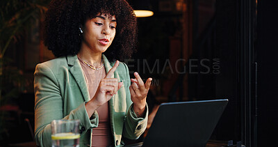 Buy stock photo Laptop, remote work and video call with woman in coffee shop for online presentation or planning. Computer, explain and virtual meeting with African employee in restaurant for feedback or review