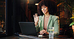 Laptop, video call and wave with woman in coffee shop for online presentation or remote work. Computer, smile and virtual meeting with African employee greeting in restaurant for feedback or review