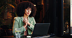 Laptop, notification and remote work with woman in coffee shop for email communication or research. Computer, information and reading with African freelancer in cafe or restaurant as customer