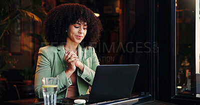 Buy stock photo Laptop, notification and remote work with woman in coffee shop for email communication or research. Computer, information and reading with African freelancer in cafe or restaurant as customer