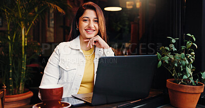 Buy stock photo Laptop, portrait and remote work with woman in coffee shop for small business planning or research. Computer, smile and startup with Indian freelancer in restaurant as customer or entrepreneur