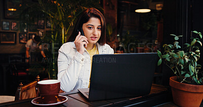 Buy stock photo Business, phone call and woman in cafe, laptop and copywriting with schedule for creative project. Freelancer, person and entrepreneur in coffee shop, cellphone and pc  with conversation and internet