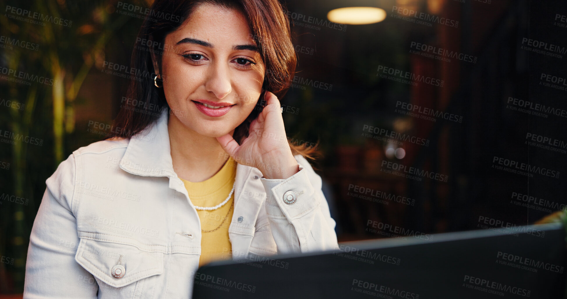 Buy stock photo Laptop, remote work and smile with woman in coffee shop for small business planning or research. Computer, reading and startup with happy Indian freelancer in restaurant as customer or entrepreneur