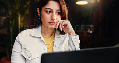Buy stock photo Laptop, remote work and thinking with woman in coffee shop for small business planning or research. Computer, problem solving and startup with Indian freelancer in cafe as customer or entrepreneur