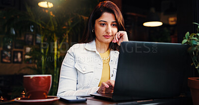 Buy stock photo Laptop, reading and remote work with woman in coffee shop for small business planning or research. Computer, freelance and startup with Indian employee in restaurant as customer or entrepreneur