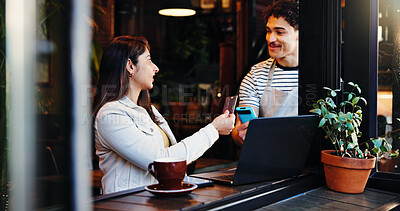 Buy stock photo People, waiter and customer with credit card on POS machine for payment, purchase or order in cafe. Woman, man and ecommerce with NFC or fintech for wireless banking or transaction in coffee shop
