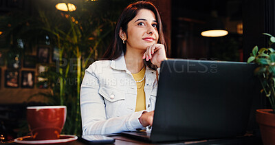 Buy stock photo Ideas, laptop and remote work with woman in coffee shop for small business planning or research. Computer, startup and thinking with Indian freelancer in restaurant as customer or entrepreneur