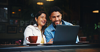 Buy stock photo Laptop, coffee and couple in cafe with laugh, bonding or talking on morning date together. Happy, cappuccino and man with woman on computer for social media, research or reading blog in restaurant.