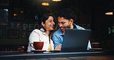 Buy stock photo Laptop, happy and couple with coffee in cafe with laugh, bonding or talking on morning date together. Smile, cappuccino and man with woman on computer for social media, research or blog in restaurant