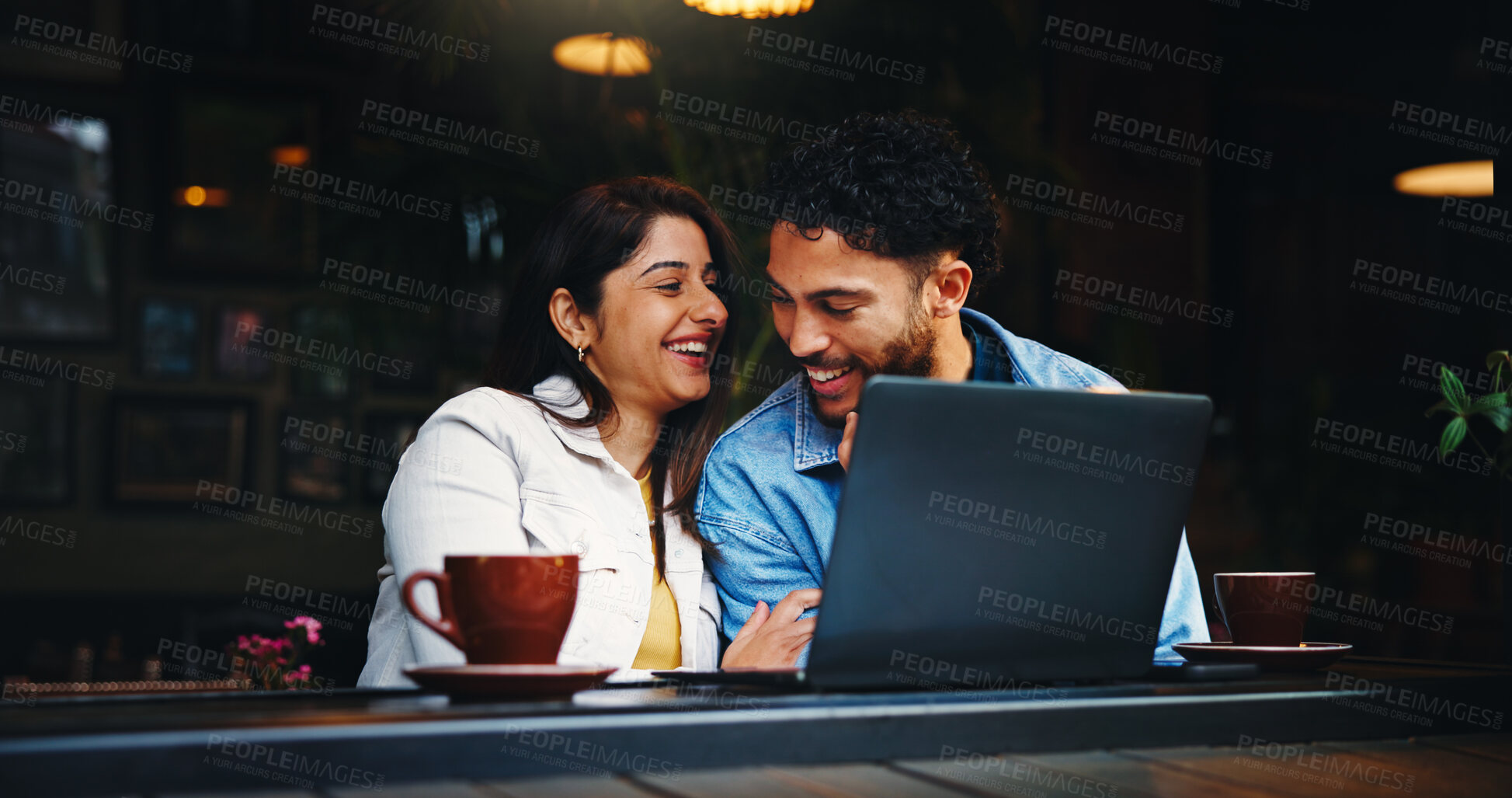 Buy stock photo Laptop, happy and couple with coffee in cafe with laugh, bonding or talking on morning date together. Smile, cappuccino and man with woman on computer for social media, research or blog in restaurant
