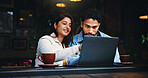 Laptop, conversation and couple with coffee in cafe with connection, bonding or talk on morning date. Happy, cappuccino and man with woman on computer for social media, research or blog in restaurant