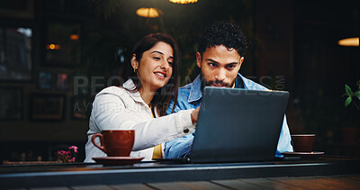 Buy stock photo Laptop, conversation and couple with coffee in cafe with connection, bonding or talk on morning date. Happy, cappuccino and man with woman on computer for social media, research or blog in restaurant