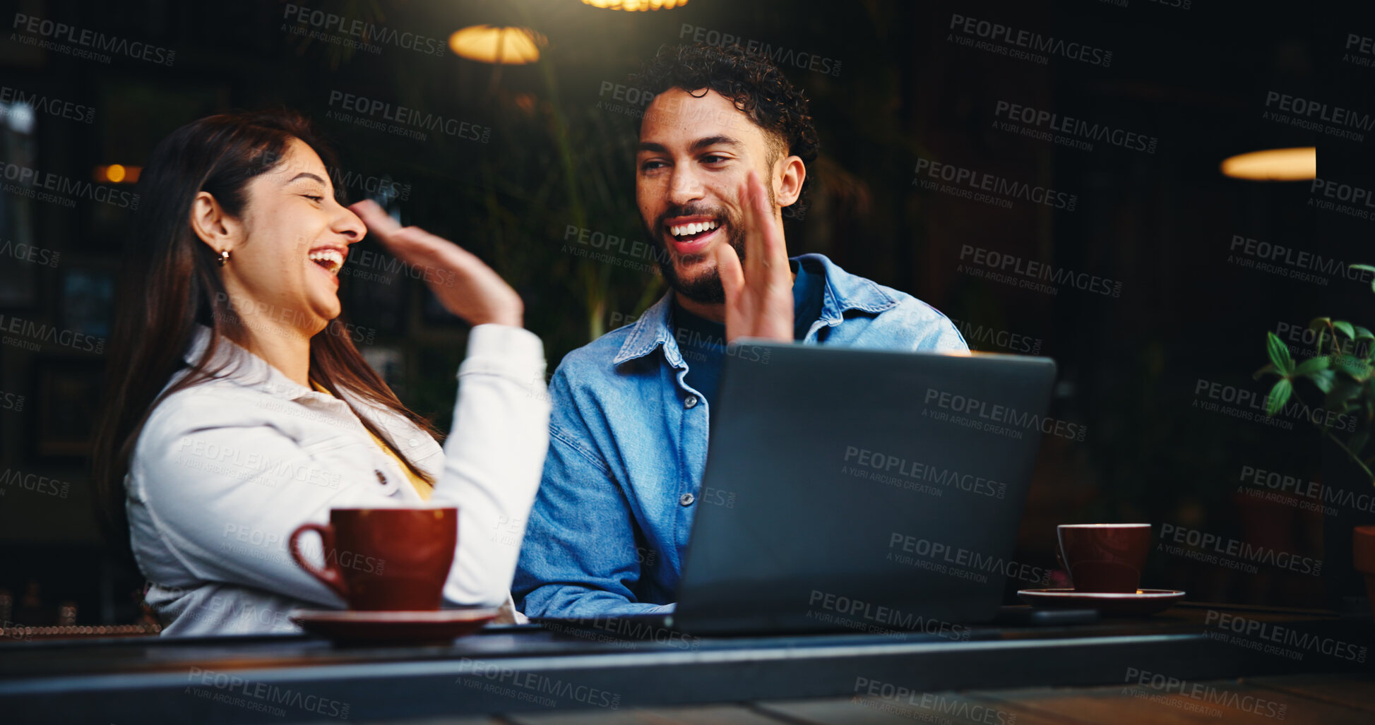 Buy stock photo Happy, coffee shop and business people high five on laptop for success, good news and approval. Restaurant, cafe and woman with man on computer for online finance, partnership and celebrate for loan