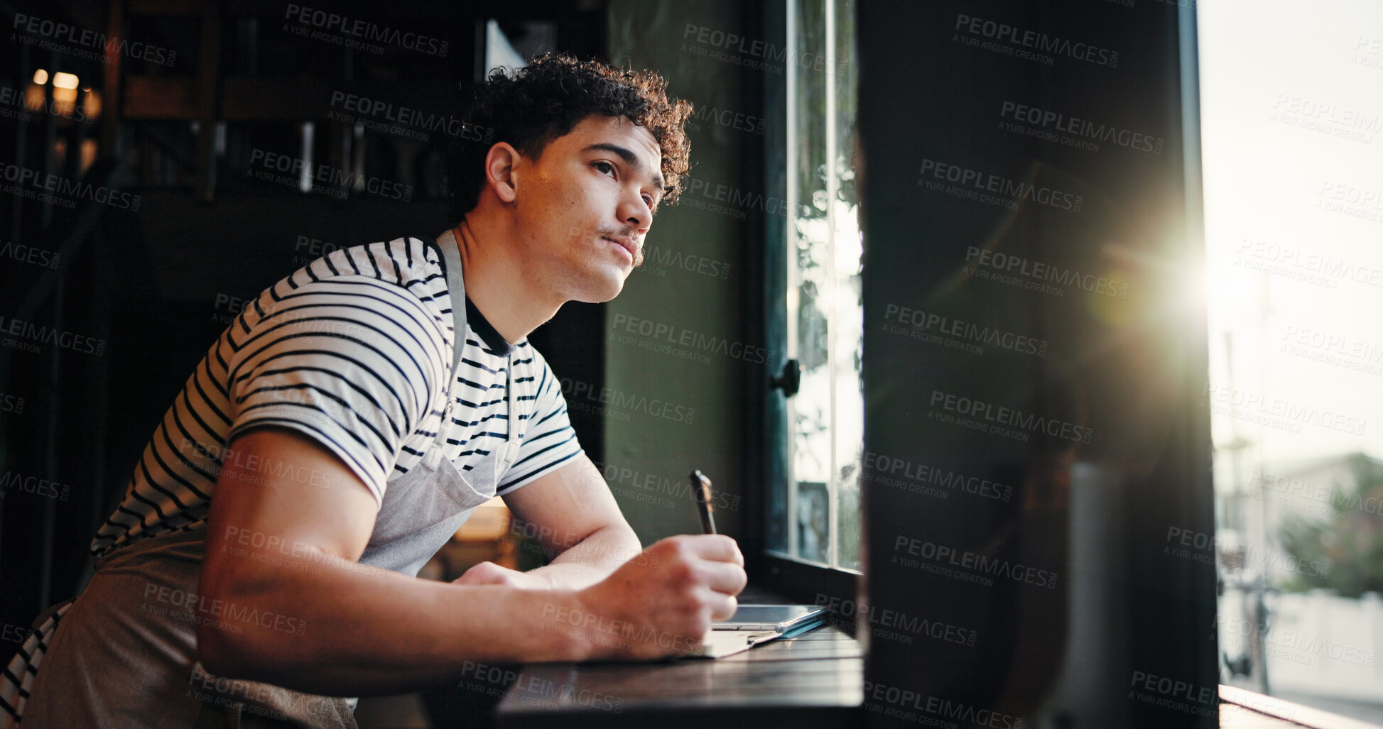 Buy stock photo Thinking, barista and man writing notes in cafe for inventory list, stock or planning menu. Reflection, coffee shop or small business owner with journal for ideas, sales checklist or vision by window