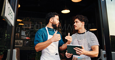 Buy stock photo Tablet, conversation and people in cafe, employees and hospitality with help, menu items or teaching. Business, cooperation or men in restaurant, tech or digital app for online order, support or talk