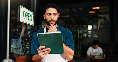 Buy stock photo Doorway, tablet and thinking with man in coffee shop for online booking or reservation management. App, entrance and ideas with waiter in cafe or restaurant for hospitality or small business startup