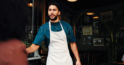 Buy stock photo Entrance, coffee shop and waiter with customer for welcome, greeting or hospitality service. Industry, entrepreneur and male small business owner with consumer at doorway of restaurant or cafe.