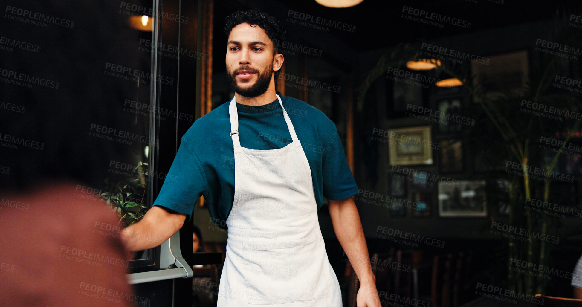 Buy stock photo Entrance, coffee shop and waiter with customer for welcome, greeting or hospitality service. Industry, entrepreneur and male small business owner with consumer at doorway of restaurant or cafe.