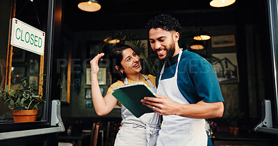 Buy stock photo Tablet, cooperation and people in coffee shop, employees and smile with help, menu items and hospitality. Business, man or woman in cafe, tech and digital app for online order, discussion or teamwork