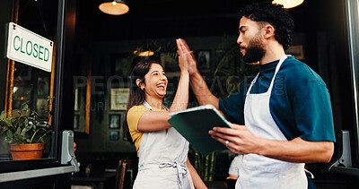 Buy stock photo Happy people, team or tablet with high five in cafe for small business success together. Man, woman or employees in celebration with technology or smile for startup, profit or review in coffee shop