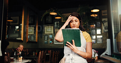 Buy stock photo Waitress, stress or woman at cafe with tablet for inflation, bankruptcy or financial crisis. Sad, headache or barista at coffee shop with mistake, fail or reading bad review on social media with tech