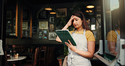 Buy stock photo Barista, stress or woman at coffee shop with tablet for inflation, bankruptcy or financial crisis. Sad, headache or waitress at cafe with mistake, fail or reading bad review on social media with tech