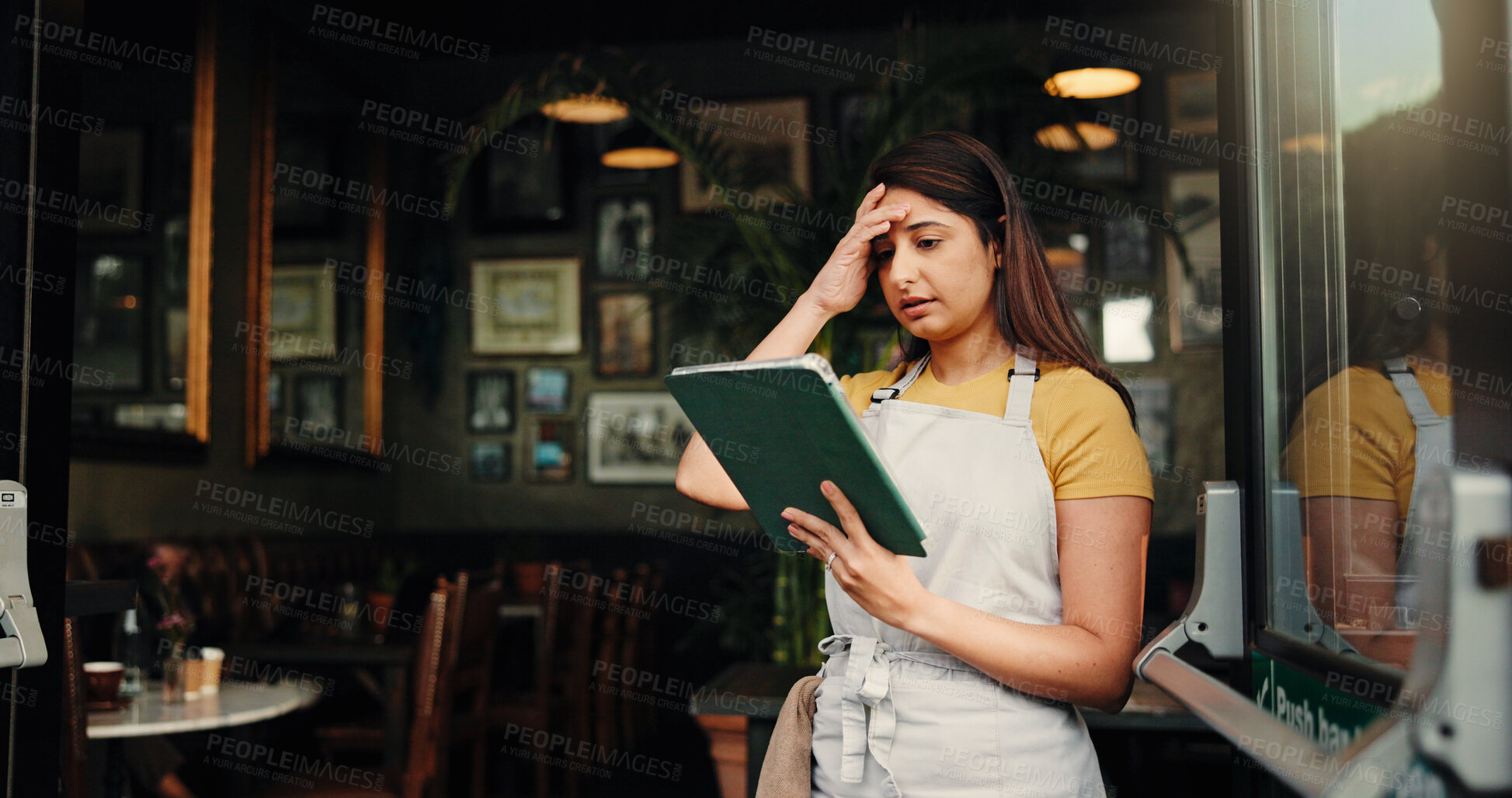Buy stock photo Barista, stress or woman at coffee shop with tablet for inflation, bankruptcy or financial crisis. Sad, headache or waitress at cafe with mistake, fail or reading bad review on social media with tech