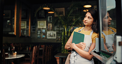 Buy stock photo Waitress thinking, stress or woman at cafe with tablet for inflation, bankruptcy or financial crisis. Sad, reflection or barista at coffee shop with startup fail, small business challenge or pensive