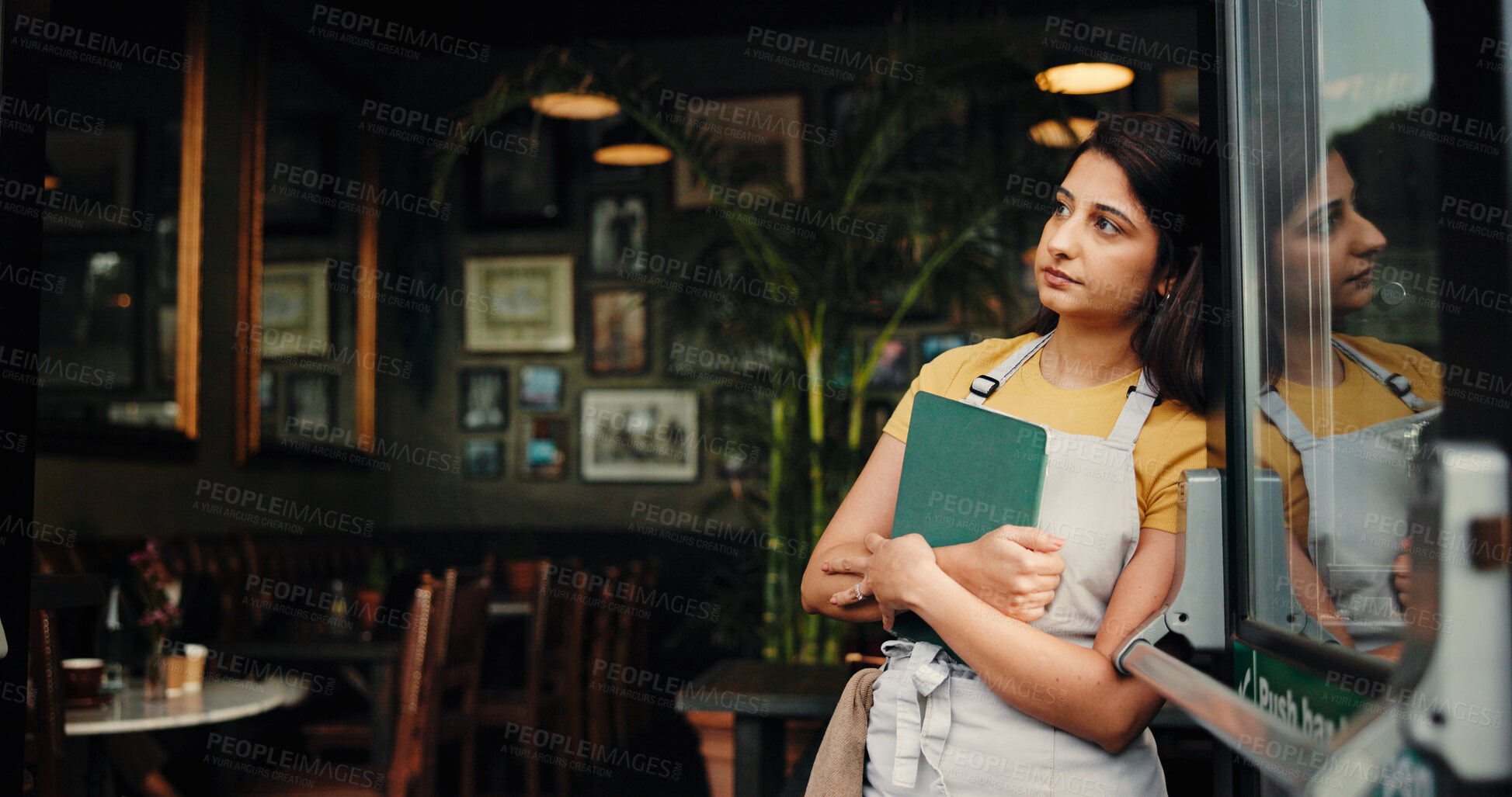 Buy stock photo Waitress thinking, stress or woman at cafe with tablet for inflation, bankruptcy or financial crisis. Sad, reflection or barista at coffee shop with startup fail, small business challenge or pensive