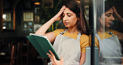 Buy stock photo Barista, stress or woman at cafe with tablet for inflation, bankruptcy or financial crisis. Sad, headache or waitress at coffee shop with mistake, fail or reading bad review on social media with tech
