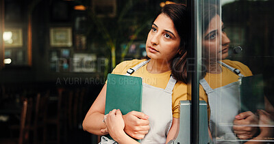Buy stock photo Waitress thinking, sad or woman at coffee shop with tablet for inflation, bankruptcy or startup fail. Stress, reflection and barista at cafe with small business challenge, financial crisis or pensive