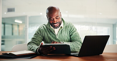 Buy stock photo Business, smile and black man with tablet for research or review with social media manager in office. Technology, happy worker and reading email for good news, creative project or platform engagement